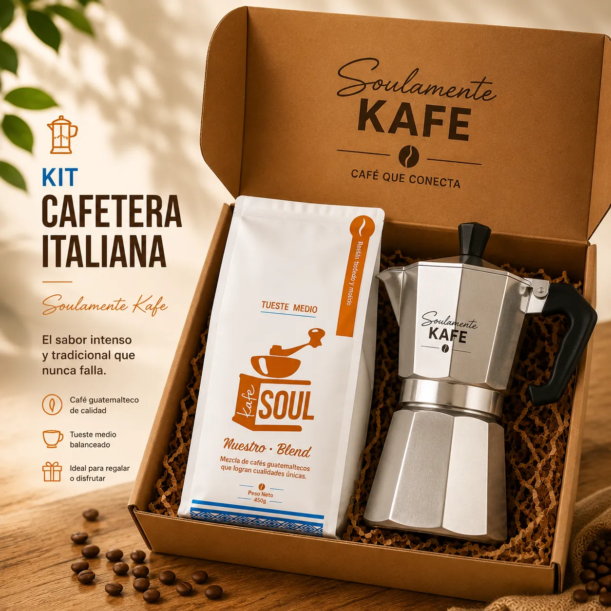 Kit Cafetera Italiana Kafe Soul con café artesanal